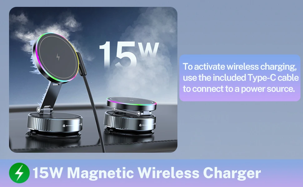 Kühlendes kabelloses Ladegerät, Autotelefonhalter mit atmender RGB-Licht, magnetische Saug-Handyhalterung für iPhone 12/13/14/15/16 – Detail 3