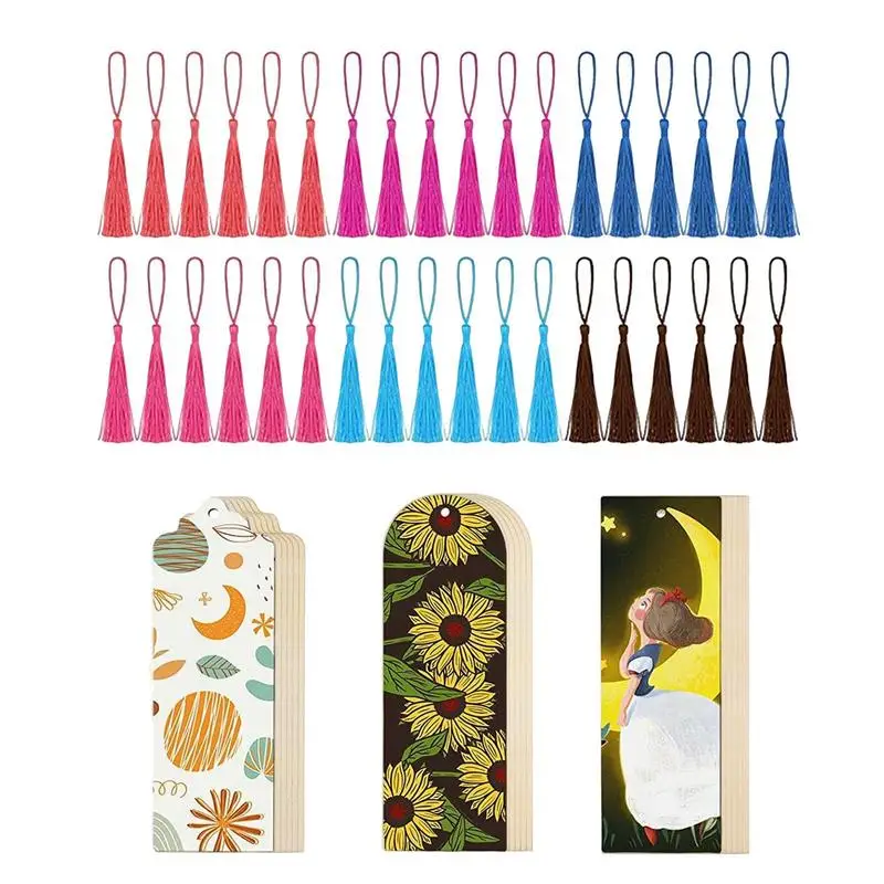 Unfinished Bookmark Wooden Rectangle Shape Blank Bookmark Ornaments 36pcs Blank Bookmarks Tassels Design For Craft Wedding Party