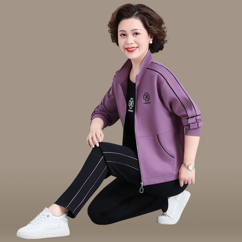 

Модный женский спортивный костюм-двойка для женщин среднего возраста: новая коллекция весна-осень, свободный крой, длинные брюки на молнии