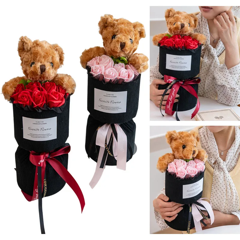 Mini Cute Rose Bouquet Doll Artificial Flowers Valentine's Day Rose Bouquet Wedding Party Birthday Adult Kid Gifts Girlfriend