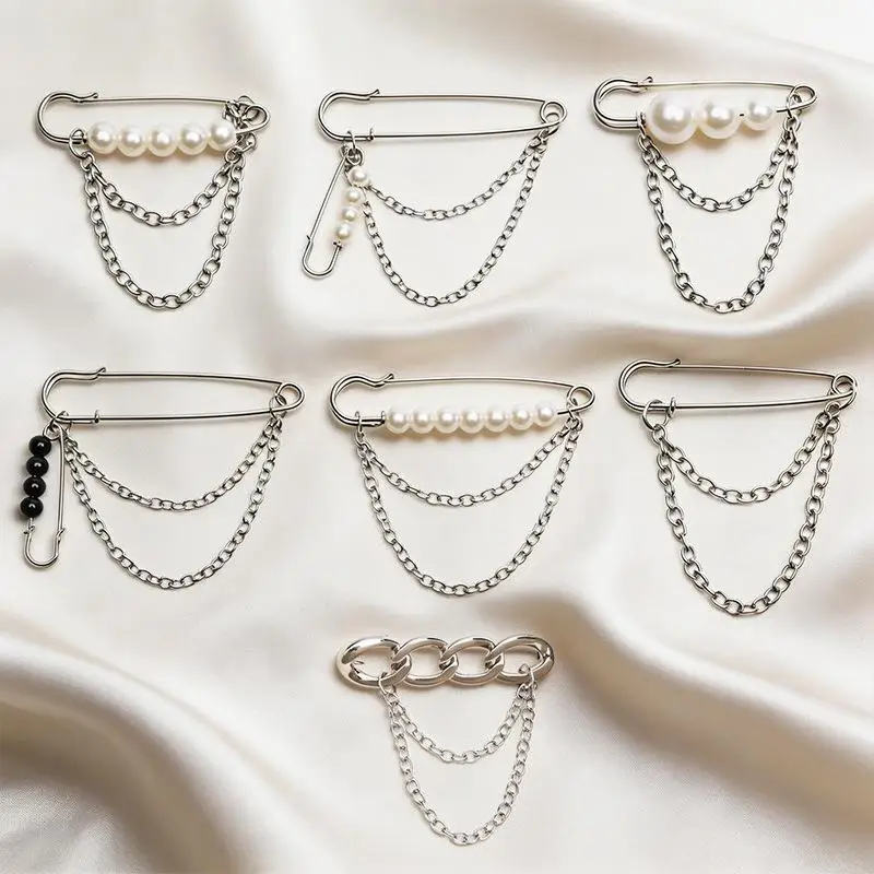 Pearl Chain Safety Pin Brooch Creative Anti-exposure Design for Waist Adjustment Dress Jacket Dating Outfit Decor