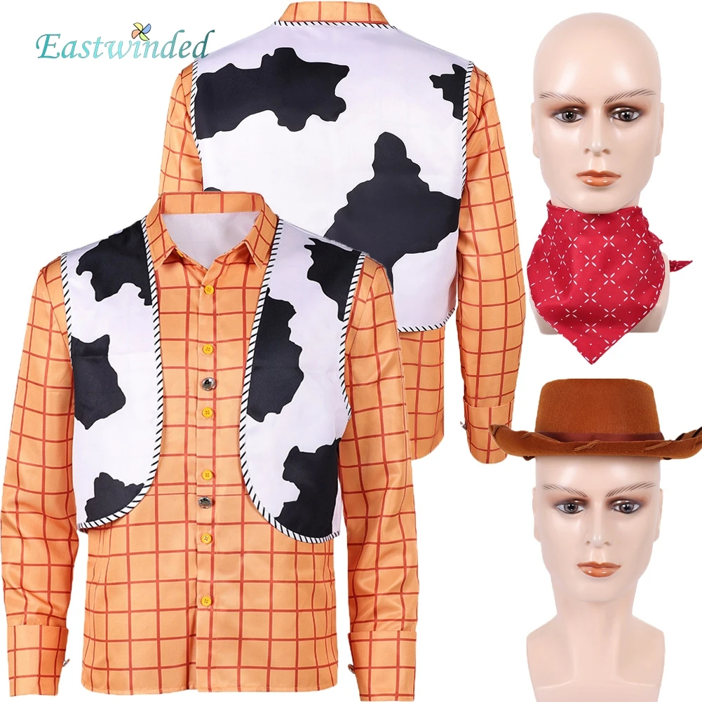 movie-plush-story-woody-cosplay-costume-orange-plaid-shirt-scarf-hat-cow-vest-outfits-roleplay-halloween-carnival-party-adult