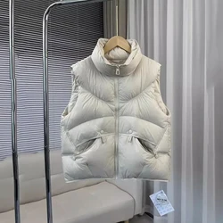 Winter Cotton White Duck Down Puffer Vest Women Loose Pocket Sleeveless Coat Female  Lightweight Zip Up Jacket Winter Warm Coat