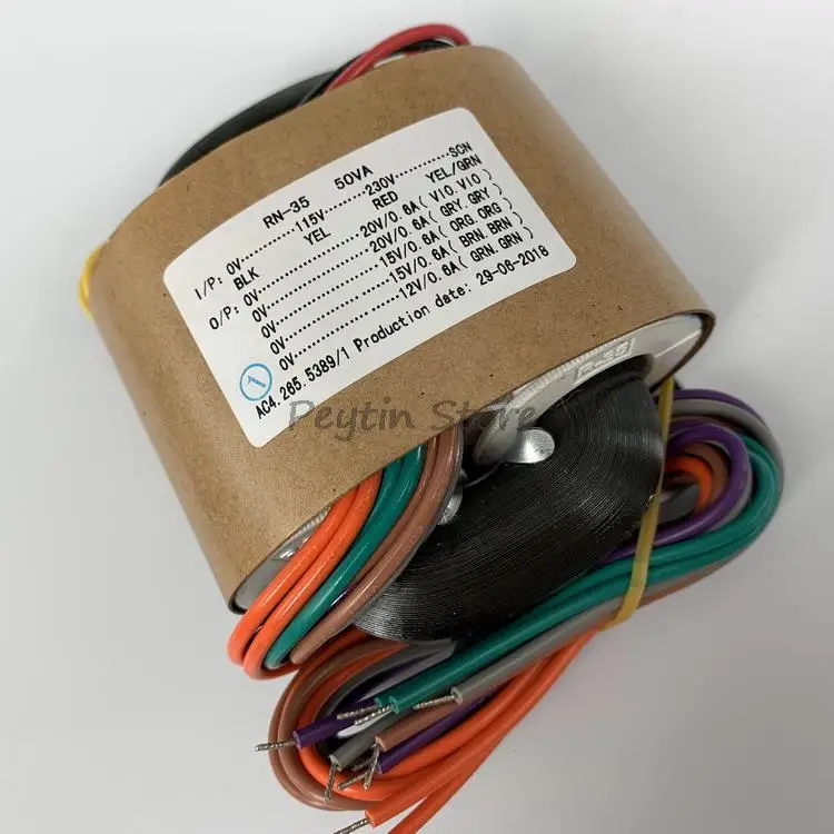 1 unidad de transformador de potencia de audio tipo R de 50W 50VA, entrada 0V-115V-230V-SCN, salida 0-20V 0-20V 0-15V 0-15V 0-12V