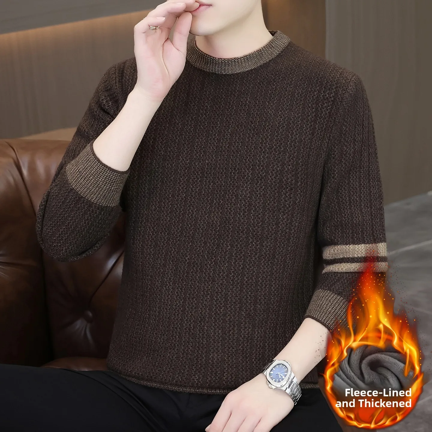 

Мужской утепленный флисовый вязаный свитер: новая осенне-зимняя модель в корейском стиле, базовый слой для молодых мужчин, повседневный и комфортный трикотаж