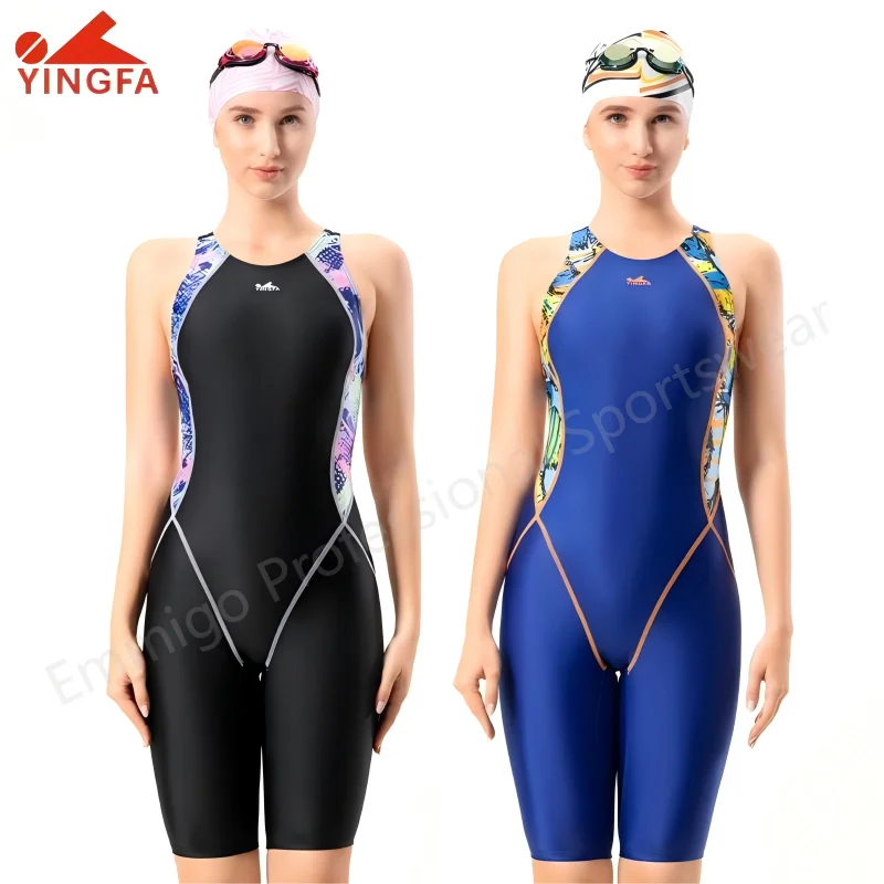 

High Quality Women Competitive Swimsuit YINGFA One Piece Swimwear Junior Professional Racing Training Kneesuit 3XL Leg Suit