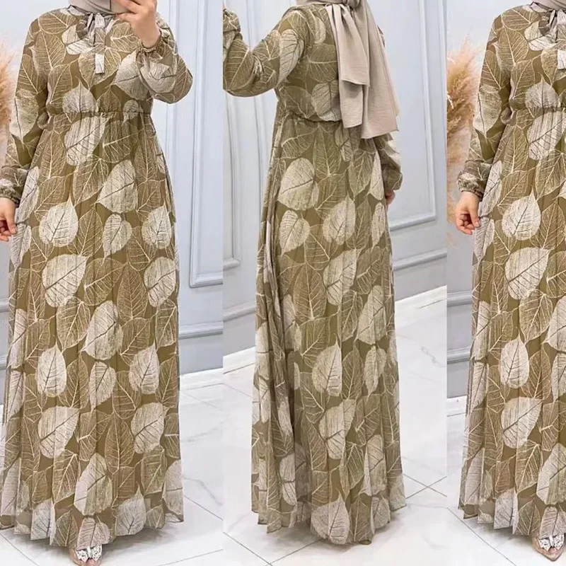 Skromna muzułmańska abaja dla kobiet Sukienki Jalabiya Leaf Print Ramadan Eid Kaftan Islam Vestidos Arabska długa szata Maroko Dubai Abayas