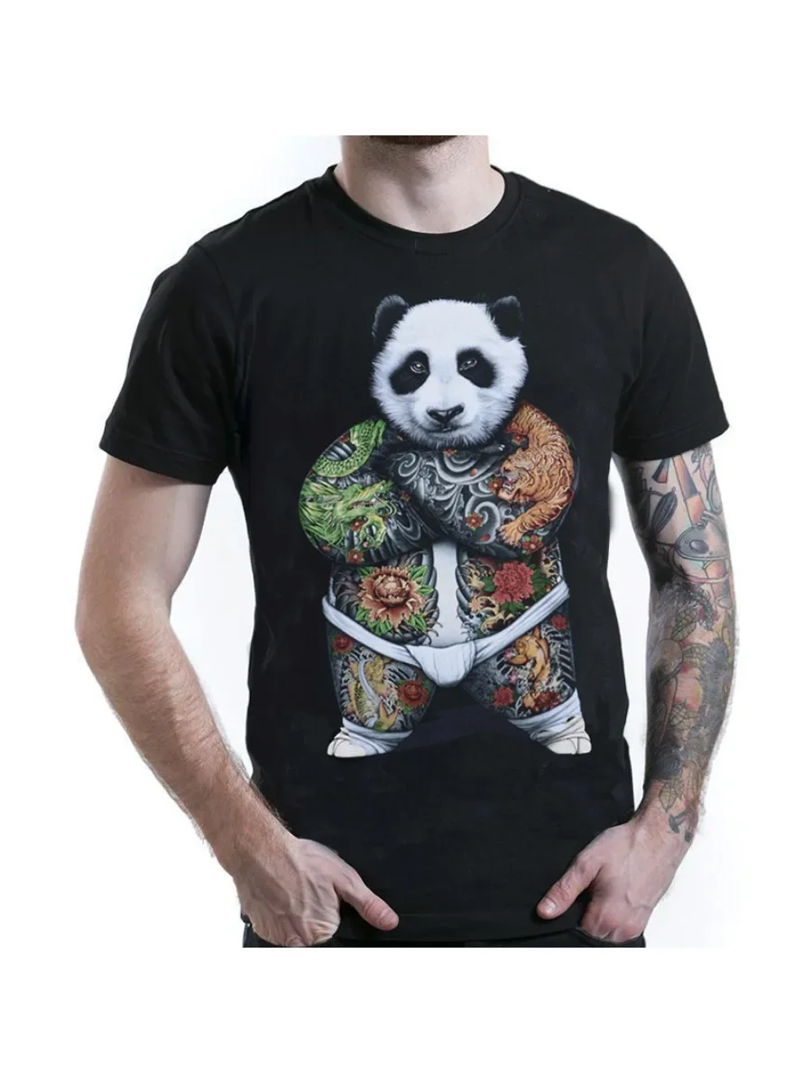 Multicolored Tattoo Panda T-Shirt Cotton Round Neck Short Sleeve T Shirt