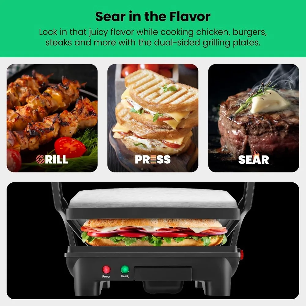 Panini Press Grill and Gourmet Sandwich Maker Non-Stick Coated Plates, Opens 180 Degrees to Fit Any Type or Size of Food