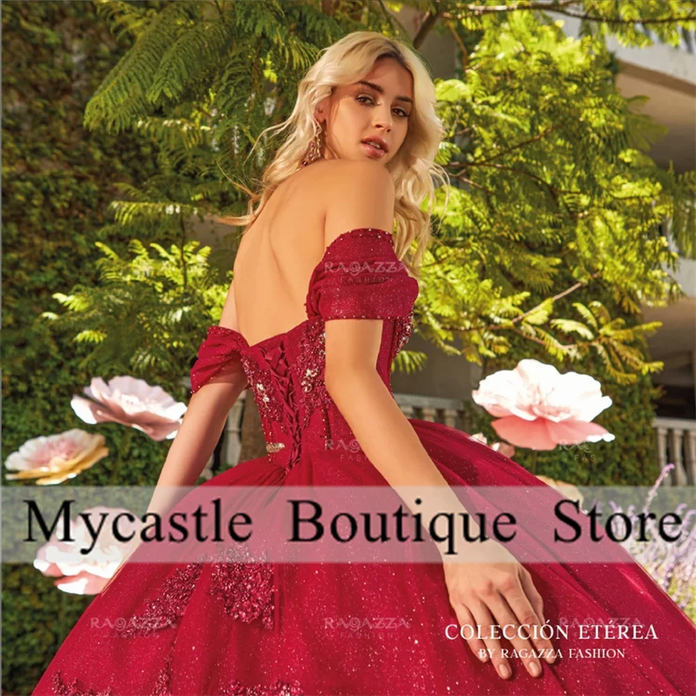 فساتين Quinceanera مزينة باللون الأحمر حسب الطلب فستان حفلة 2025 بفيونكة كريستال حلوة 15 فستان عيد ميلاد بأربطة فيستدوس دي XV