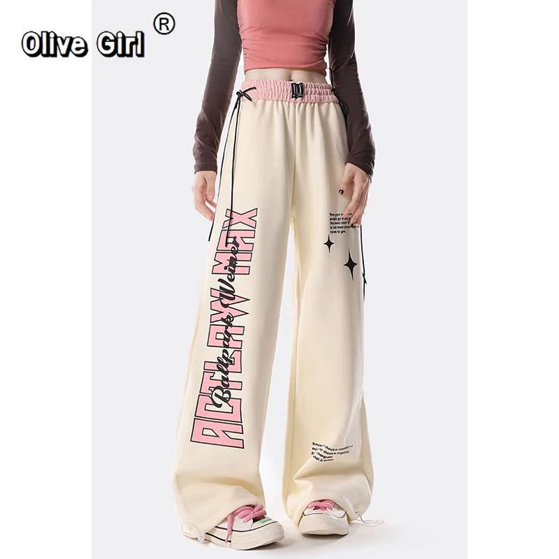 

Olivegirl Women Baggy Y2k Streetwear Graphic Print Jogger Pants Apricot Sweatpants Vintage Harajuku Wide Straight Trousers