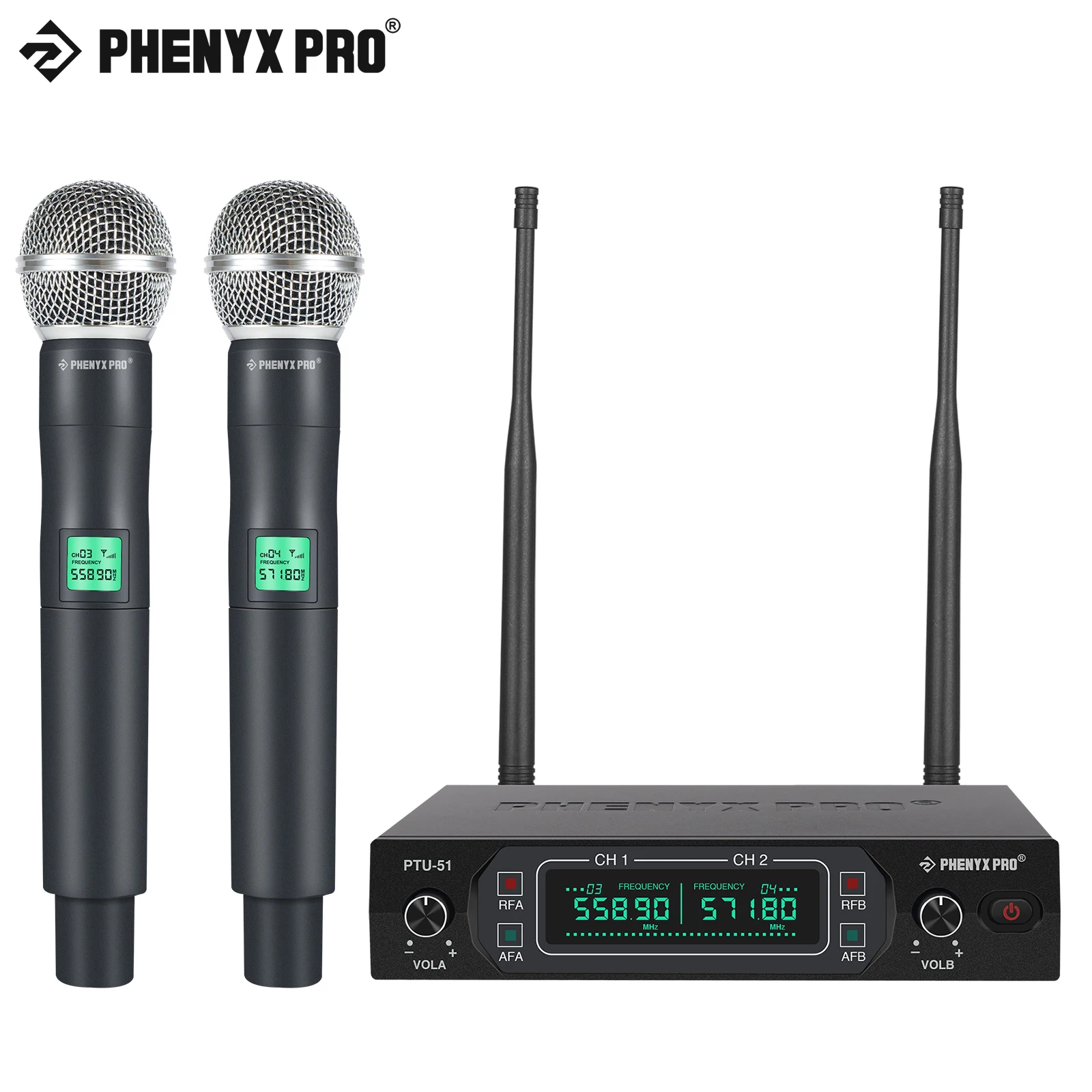 

Phenyx Pro PTU-51 Wireless Microphone Dual System Fixed UHF Frequencies Karaoke Mic Handheld 80M For karaoke Home Party Church