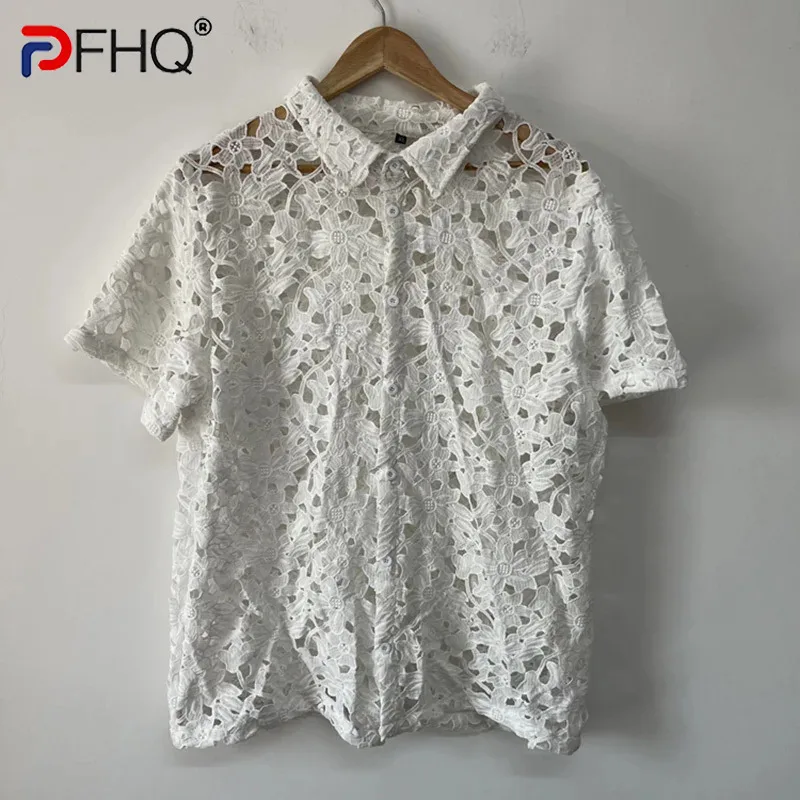 PFHQ Heavy Industry Summer Shirts Male Embroidery Hollow Out Personality Perspective Design Men's Short Sleeved Tops New 21Z4662