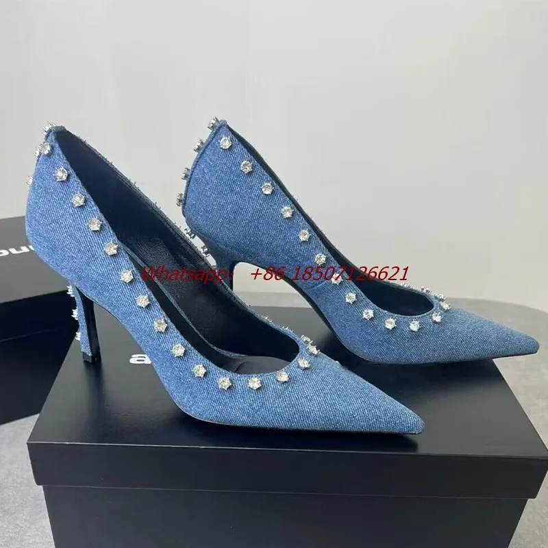 

Pointed Stiletto Heel Rhinestone Decorated Denim Pumps Solid Color Satin Large Size High Heels