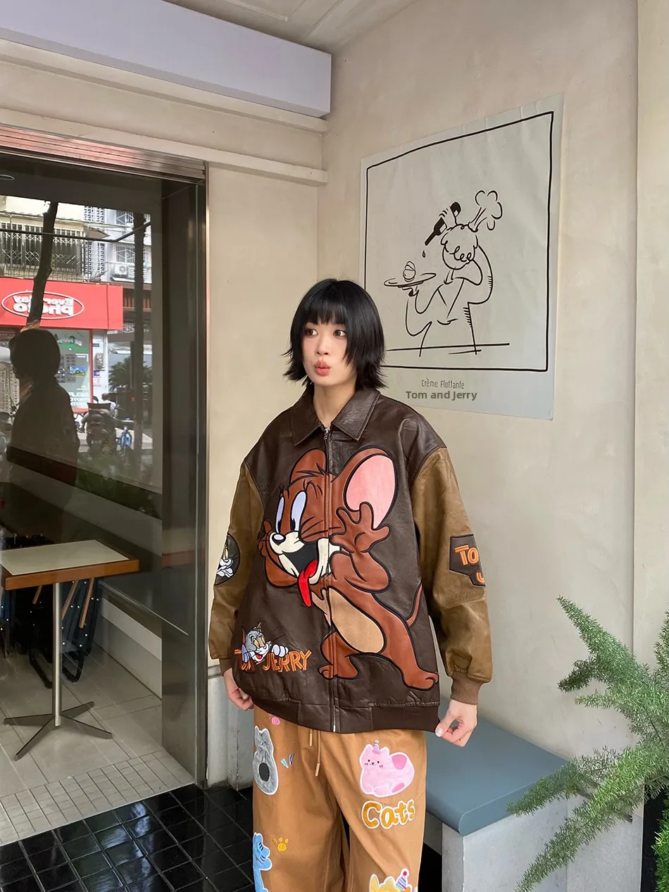 เสื้อแจ็คเก็ตหนัง PU สไตล์เรโทรอเมริกันลายการ์ตูนปัก แบรนด์ BIBULU ทรงหลวม สไตล์ลำลอง สำหรับผู้หญิง