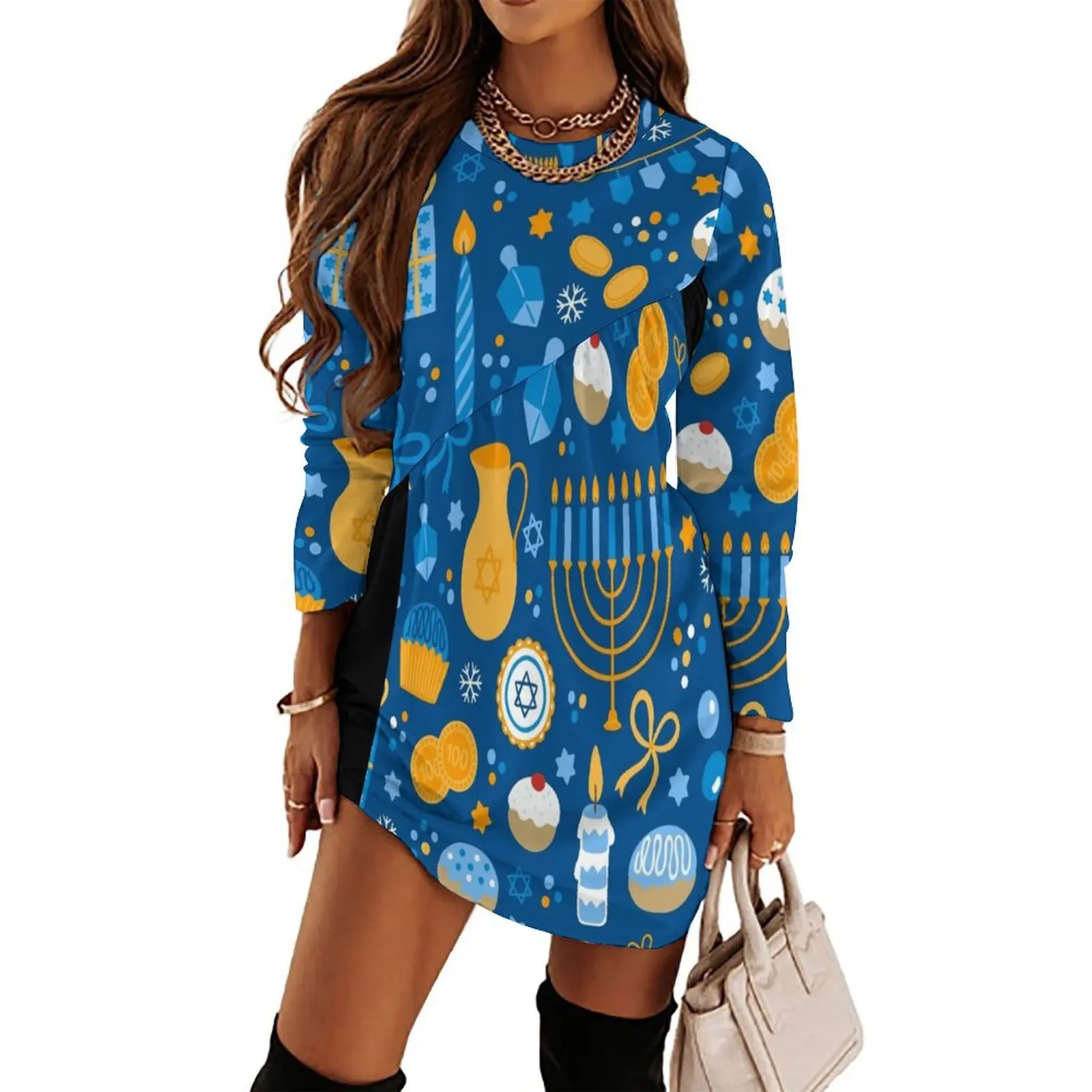 

Happy Hanukkah Pattern Long Sleeved Dress women"s elegant loose dresses Female dress dress women summer