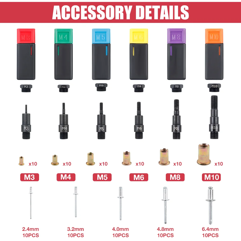 Heavy Duty Rivet Nuts Gun Insert Manual Riveter Reamer Set Durable 3-IN-1 Threaded Tool with 5 Rivet Heads and 6 Metric Mandrels