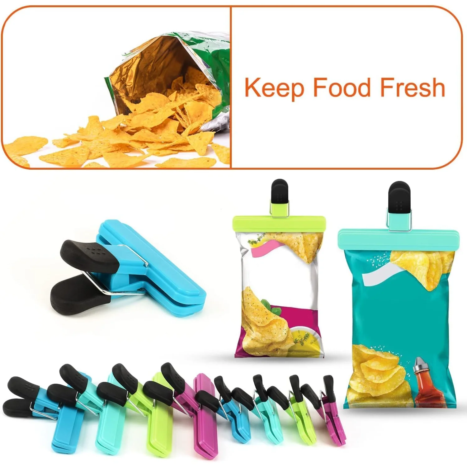 Food Clips - Chip Bag Clips Set of 4, 5 Inches Wide Heavy Duty Chip Clips, Large Bag Clips for Food  with Air Tight Seal  for Br