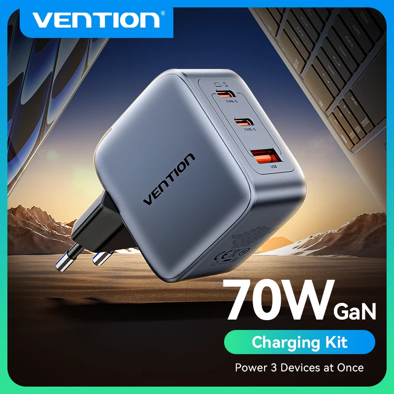 

Зарядное устройство Vention 70 Вт GaN Type C Quick Charge 4.0 3.0 USB Зарядное устройство для iPhone 16 15 14 Pro Macbook Air Ноутбук Планшет PD Быстрая зарядка