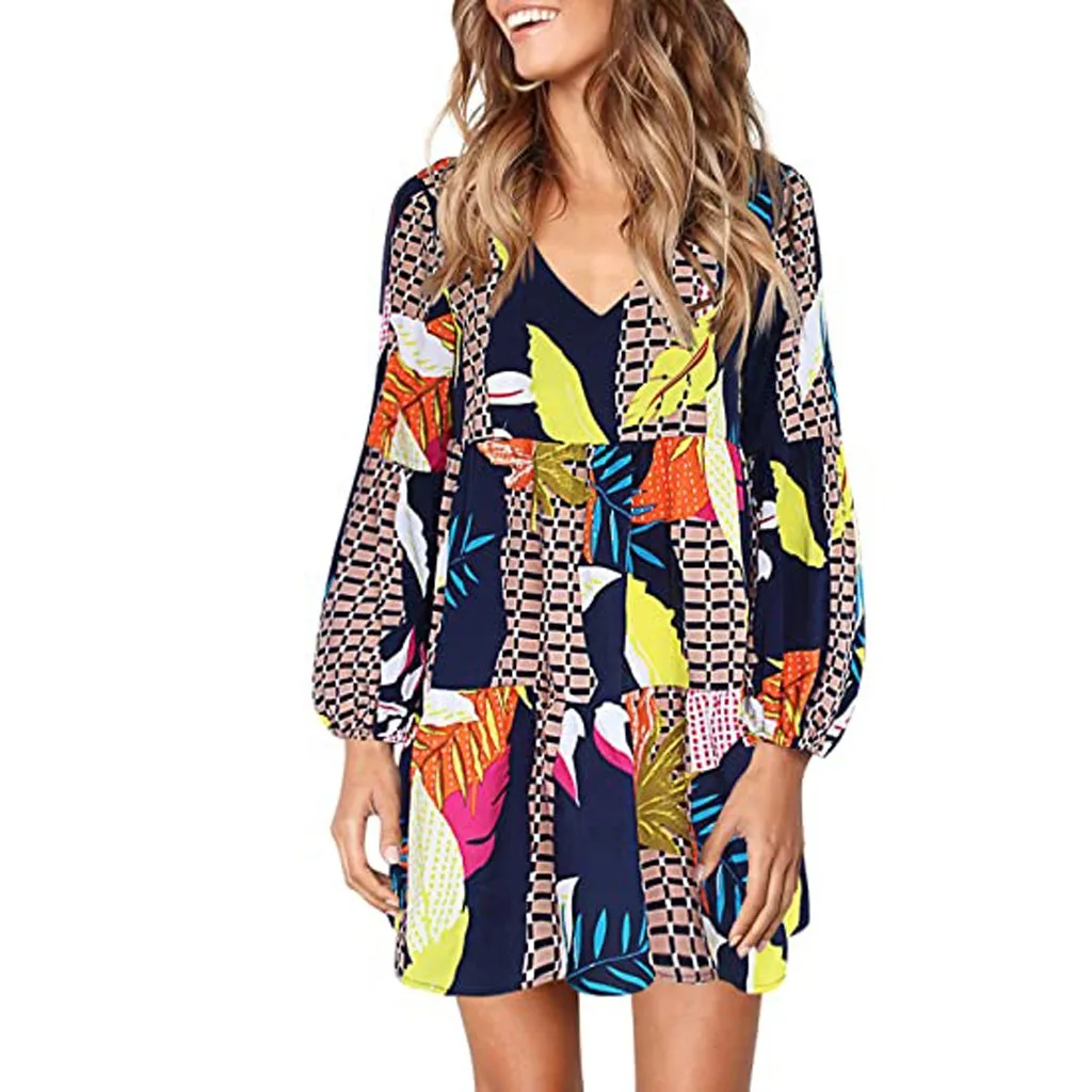 

Women Fashion Print Dress Casual Long Sleeve Mini Dress 2024 Streetwear A-line Vestidos Loose Summer V Neck Short Dress