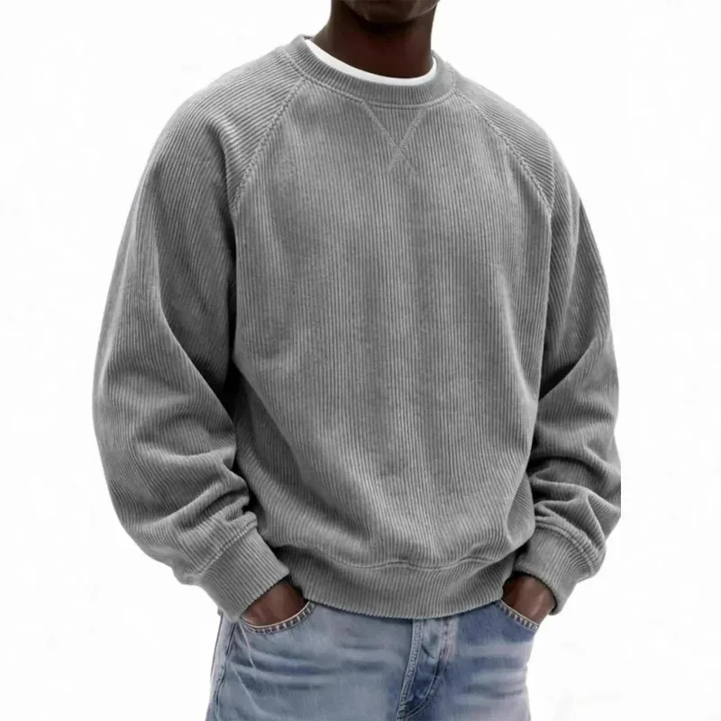 Men's Gray Corduroy Crew Neck Sweatshirt Oversized Long Sleeve Casual Comfortable Daily Wear Pullover with Stitched Detail