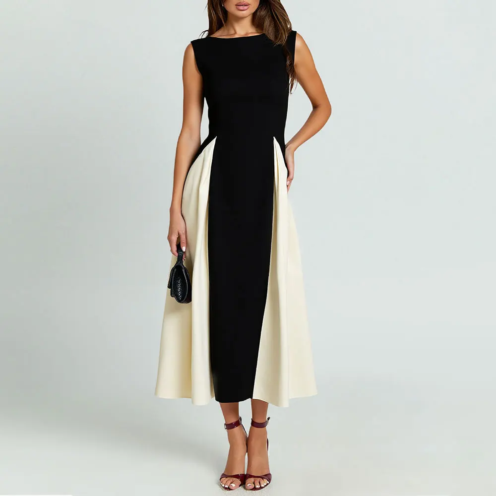 

Mia Muse Dresses Summer French Elegant Fashion Plain 2025 Patchwork Sleeveless Round-Neck A-Line Midi Vacation Dresses