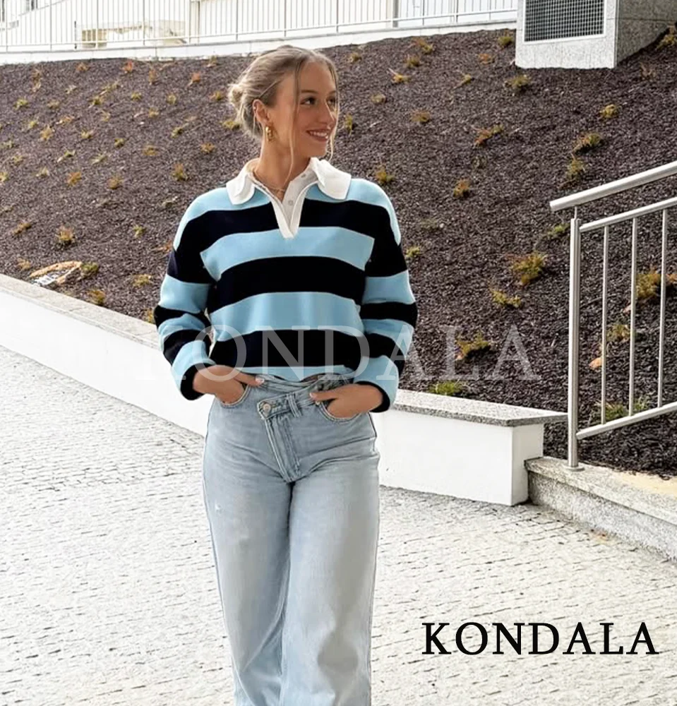 

KONDALA Blue Striped Contrasting Sweater Women 2026 New Trendy V-Neck Knitted Sweater Spring Fashion Chic Casual Holiday Sweater
