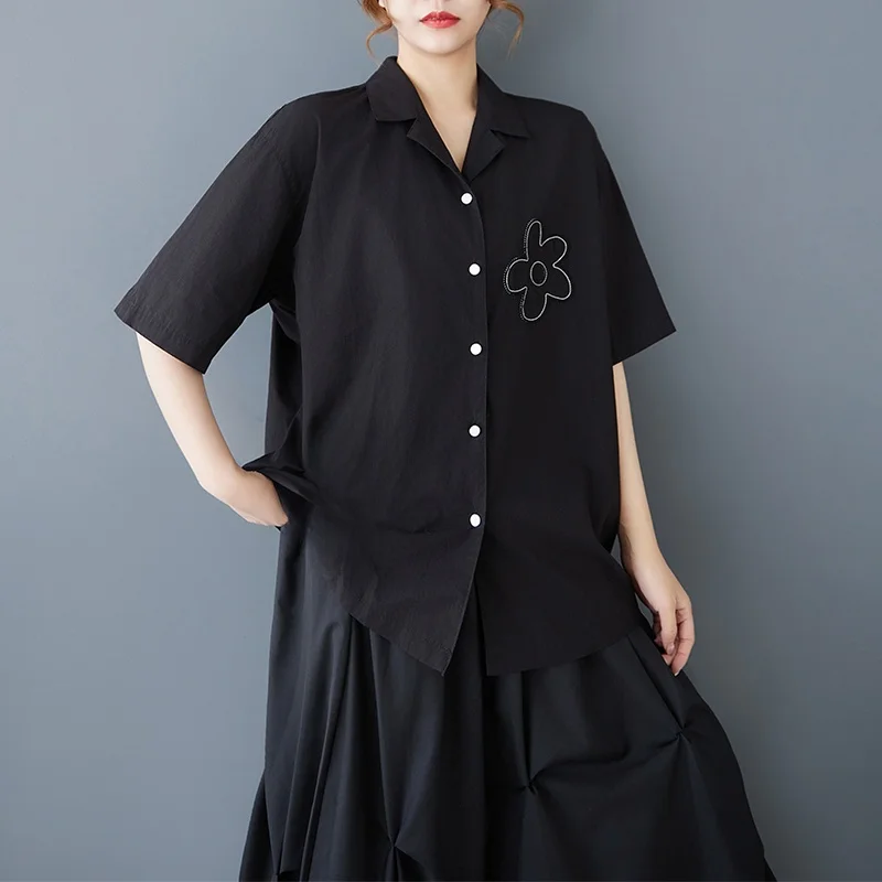 Retro Bla Embroidered irt ort Sve Cuban Collar Design Loose Fit Women's Summer Top for plus Size MM Cotton Blend