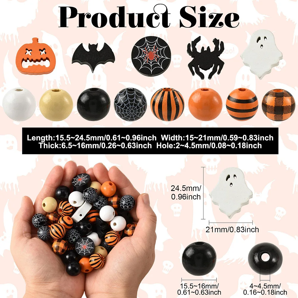 105pcs Halloween Wooden Beads Mixed Orange Pumpkin Spider Shape Ghost Round Spacer Loose Beads for Jewelry Decor Craft Making