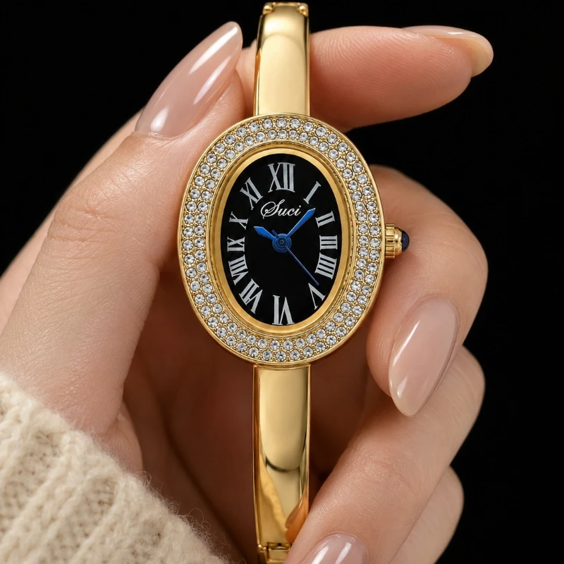 Vintage Women's Oval Quartz Analog Watch Shinny Rhinestones Fashionable Ladies Watch Fashion Elegant Female Clock Perfect Gift