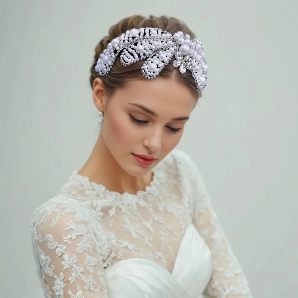 Aro de pelo de perlas grandes para mujer, coronas de boda para novias, banda para el cabello hecha a mano, adornos brillantes para despedida de soltera para trenzas, HP689