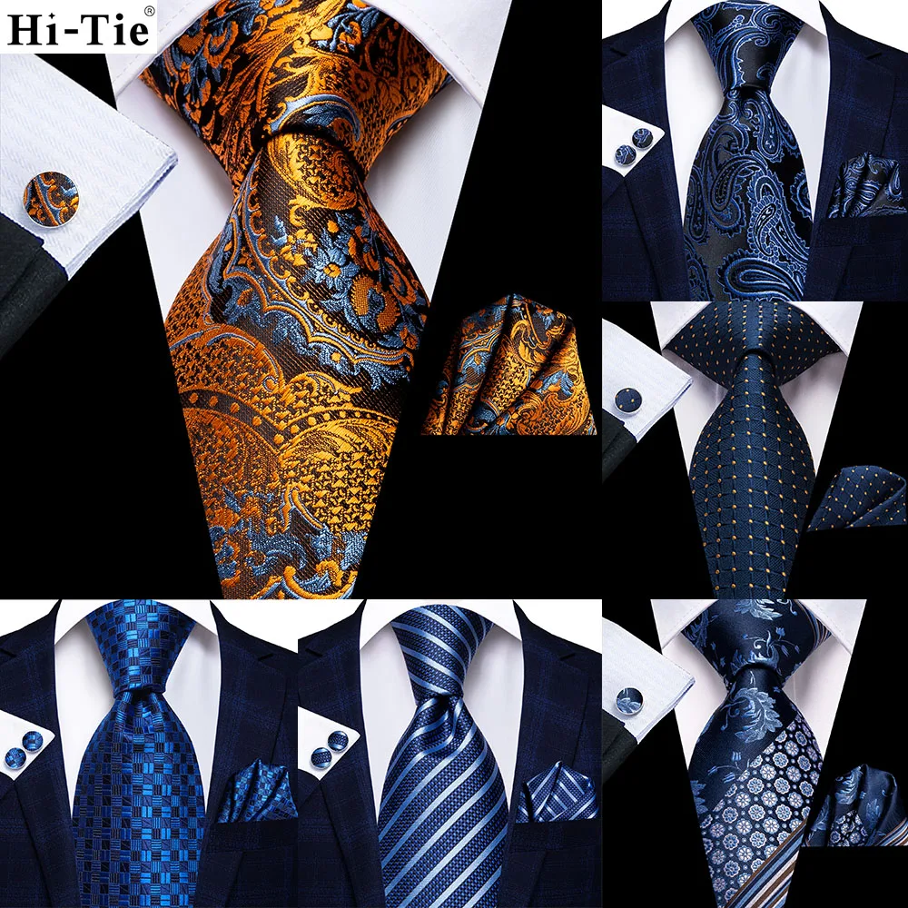 

Gold Blue Floral 63inch Silk Mens Extra Long Ties for Men Woven Classic 160cm Mens Necktie Pocket Square Set Cufflinks Hi-Tie