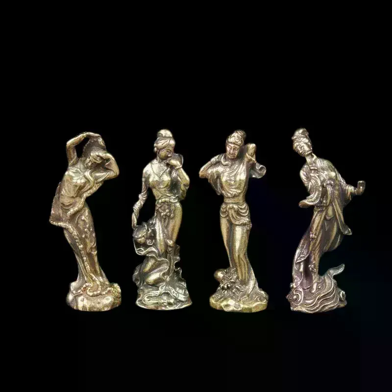 1/4Pieces Antique Style Sculptures, Handmade Pure Brass Four Ancient Chinese Ladies Statues, Desk Decorations, Collectible Gift