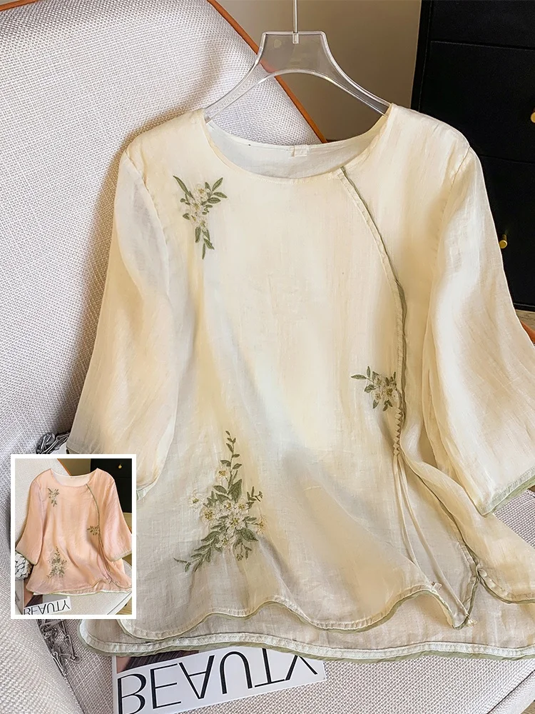 

Retro Chinese Sle Embroidered Linen 7/8 Sve T-irt Loose Casual round Ne Summer Top for plus Size Women