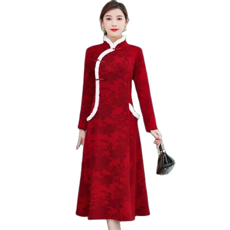 

Women Qipao Dress 2023 New Elegant Winter Add Velvet Vintage Cheongsam Dresses Middle-aged Women's Dress Vestidos Female