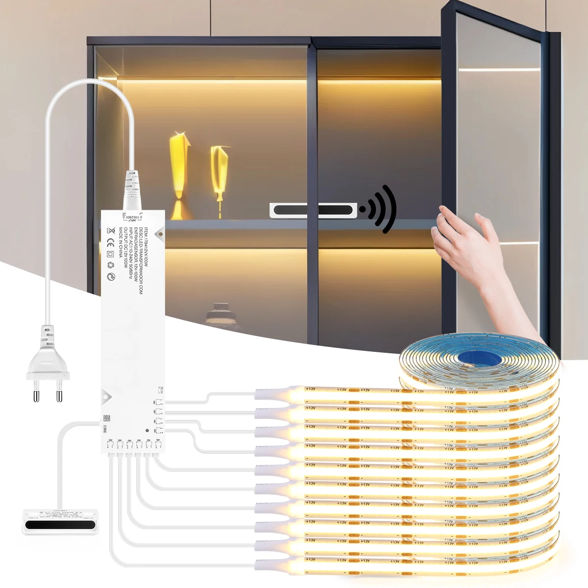 1m-10m 12V COB LED Strip Showcase Wardrobe Lamp Backlight For Room Kitchen Light with Door Proximity Sensor LED Biadesive -Q