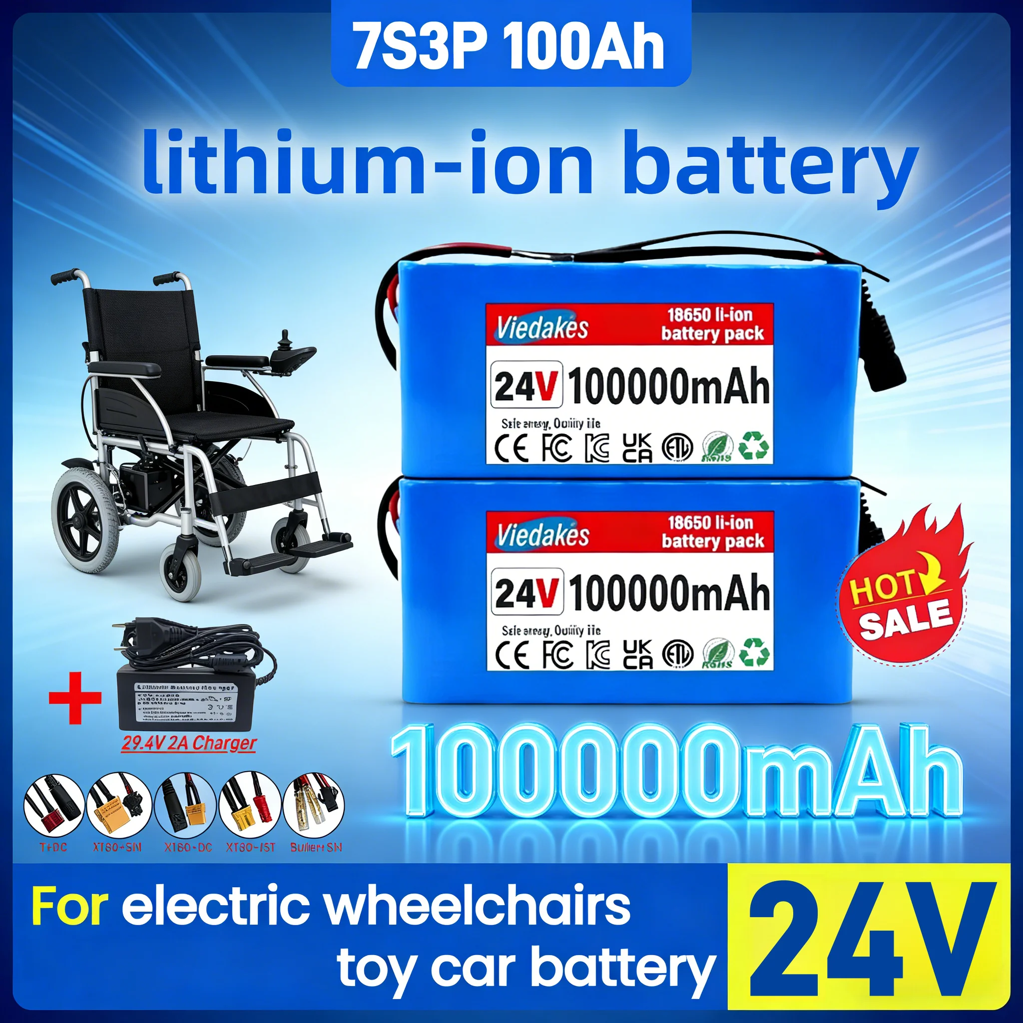 7S3P 24V Battery 100Ah Rechargeable Lithium Ion Battery With Charger For Electric Wheelchair Elderly Scooter Kids Toy Car