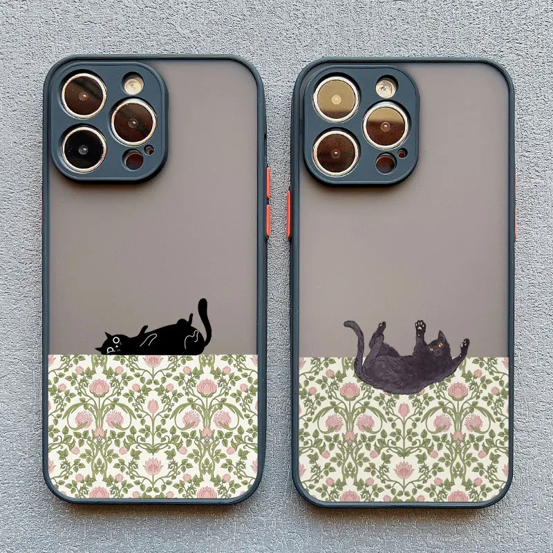 

Cute Flower Black Cat Phone Case For iPhone 17 16 15 11 12 14 13 Pro Max Mini X XS XR 7 Plus 17E Shockproof Matte Cover Fundas