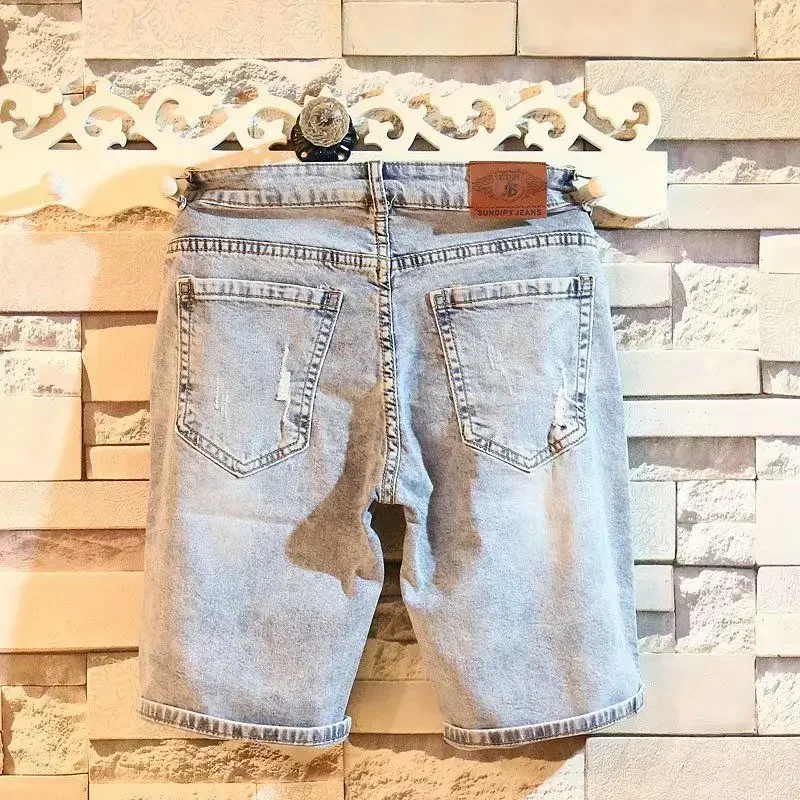 Short Jeans Pants for Men Knee Length Man Denim Shorts Buttons Slim Stretch Long Ripped Half Skinny Stretchable Wih Zipper Thin