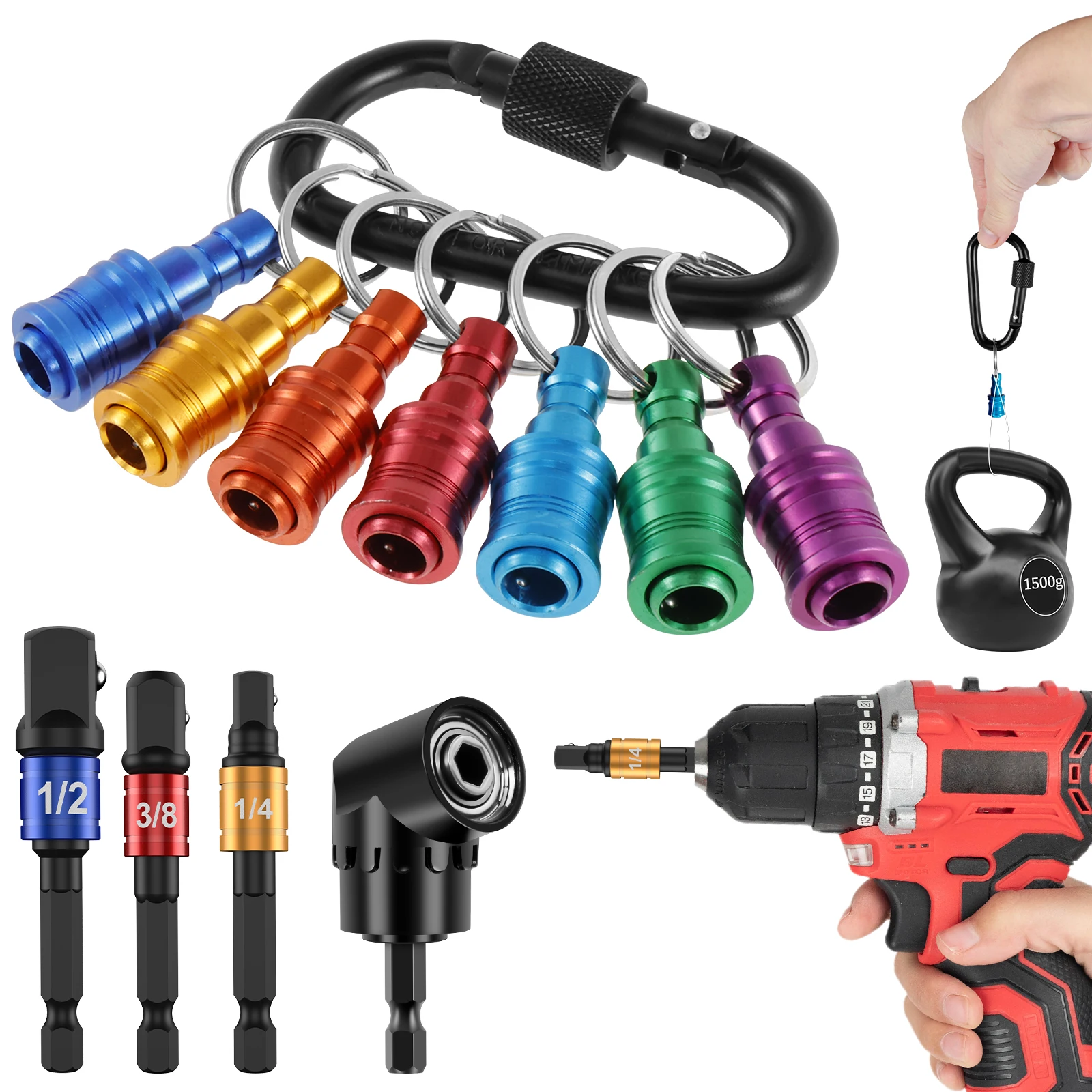 

12/7Pcs Bit Holder Key Chain with 1/4" 3/8" 1/2" Socket Adapter Set Electrician Tools Quick Change for Nut Screwdriver Drill Bi