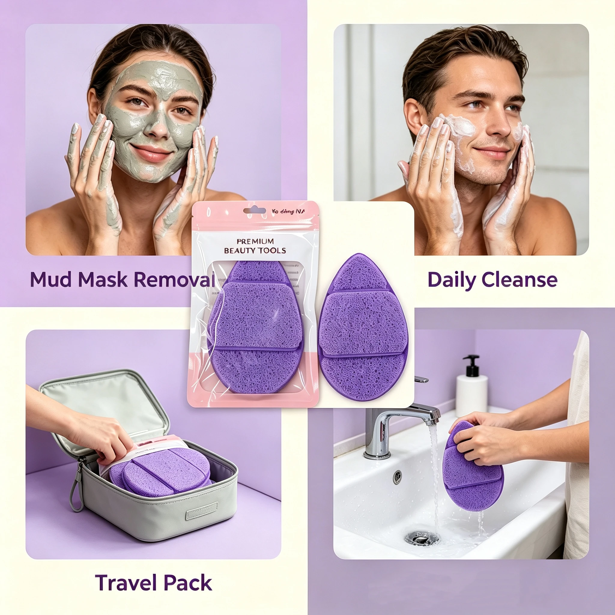 An oversized glove-style finger pocket facial cleansing sponge: a reusable, soft, porous foam face sponge designed for exfoliati