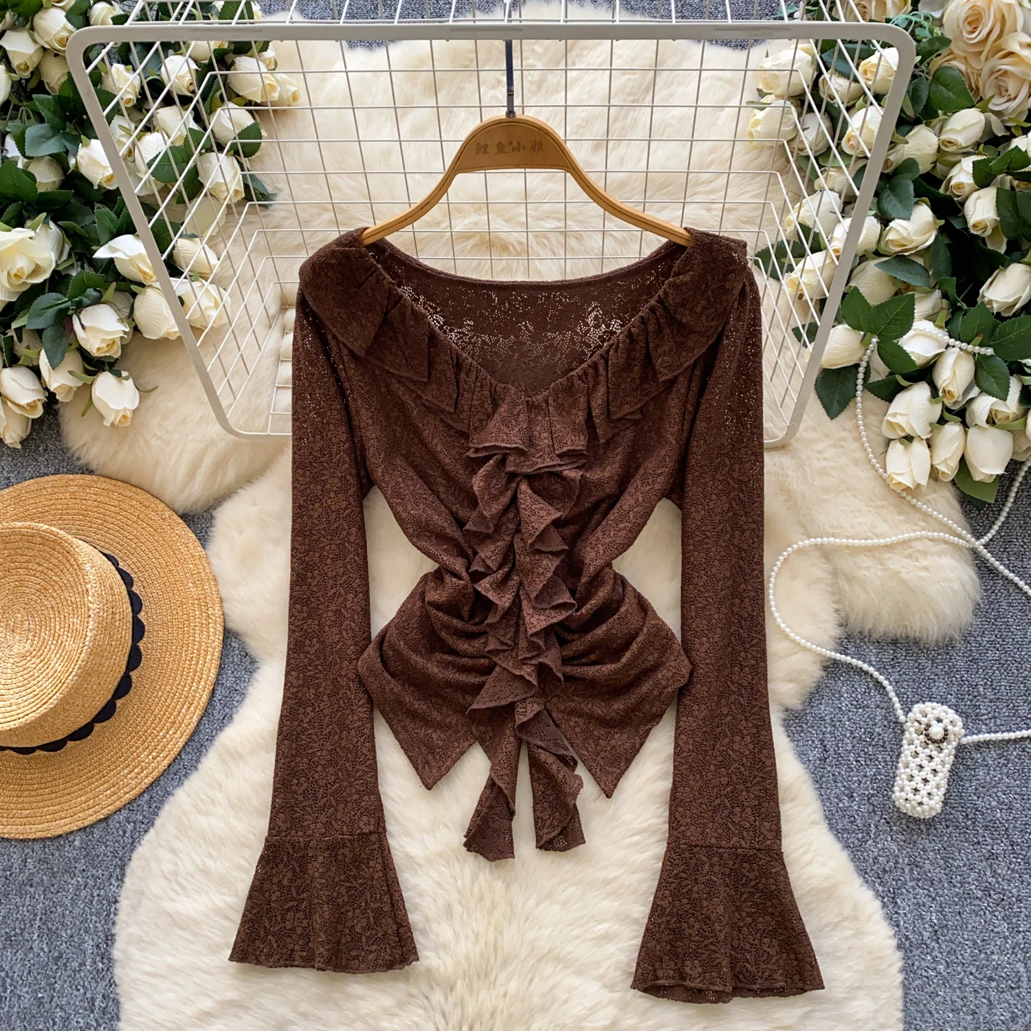 

Элегантный сексуальный топ с v-образным вырезом и рюшами и длинными рукавами, женский корейский модный милый осенний уличный топ