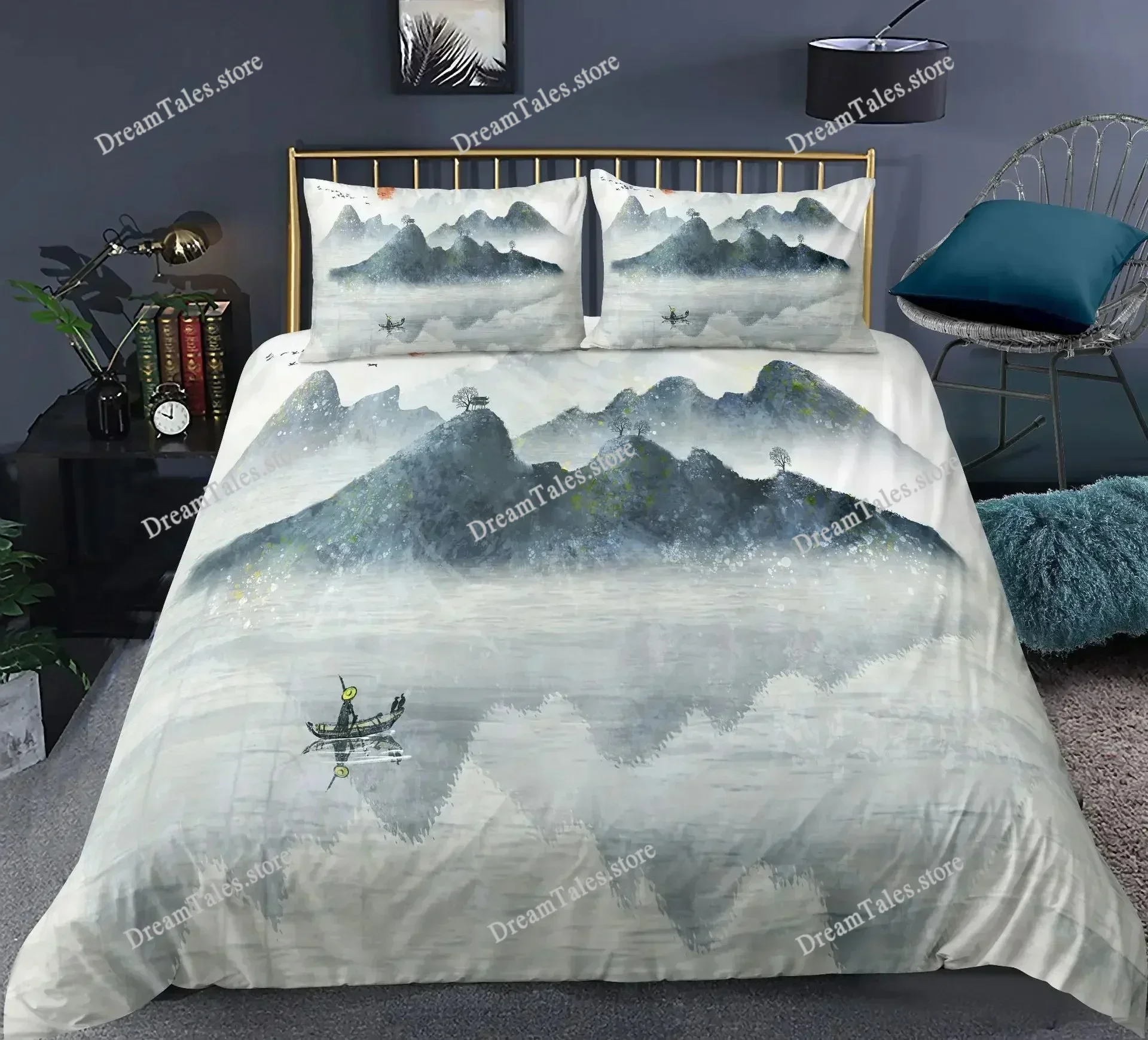 Nature Landscape Duvet Cover KingQueen Size,Chinese Ink Painting Style Bedding Set Mountain River Polyester Quilt Cover963