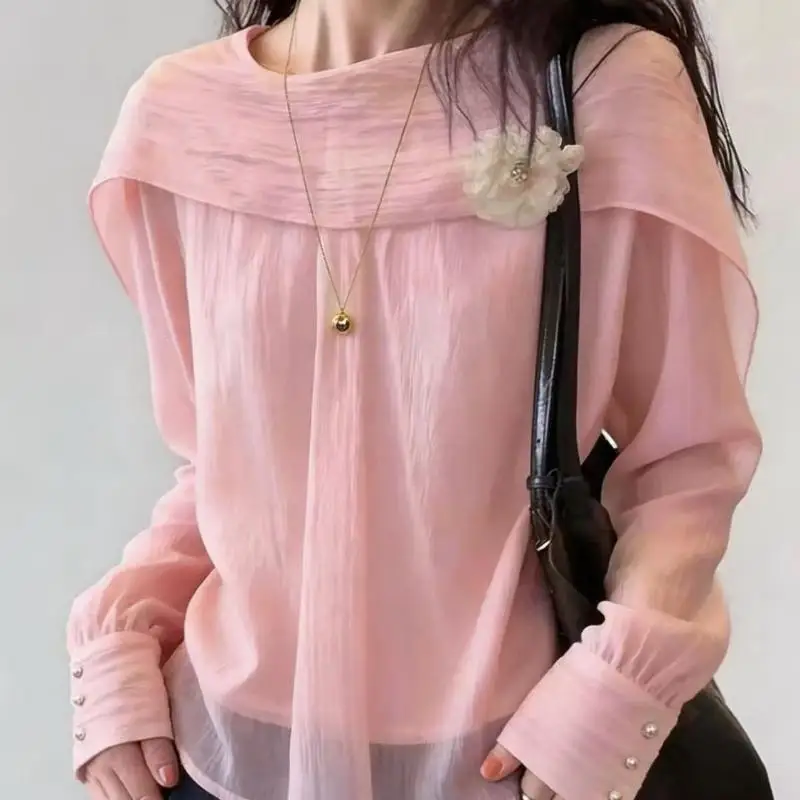 Hot 2026 Spring Autumn New Korean Edition Soft Comfort Light Luxury T-Shirt Tops Fashion Versatile Super Beautiful Chiffon Shirt