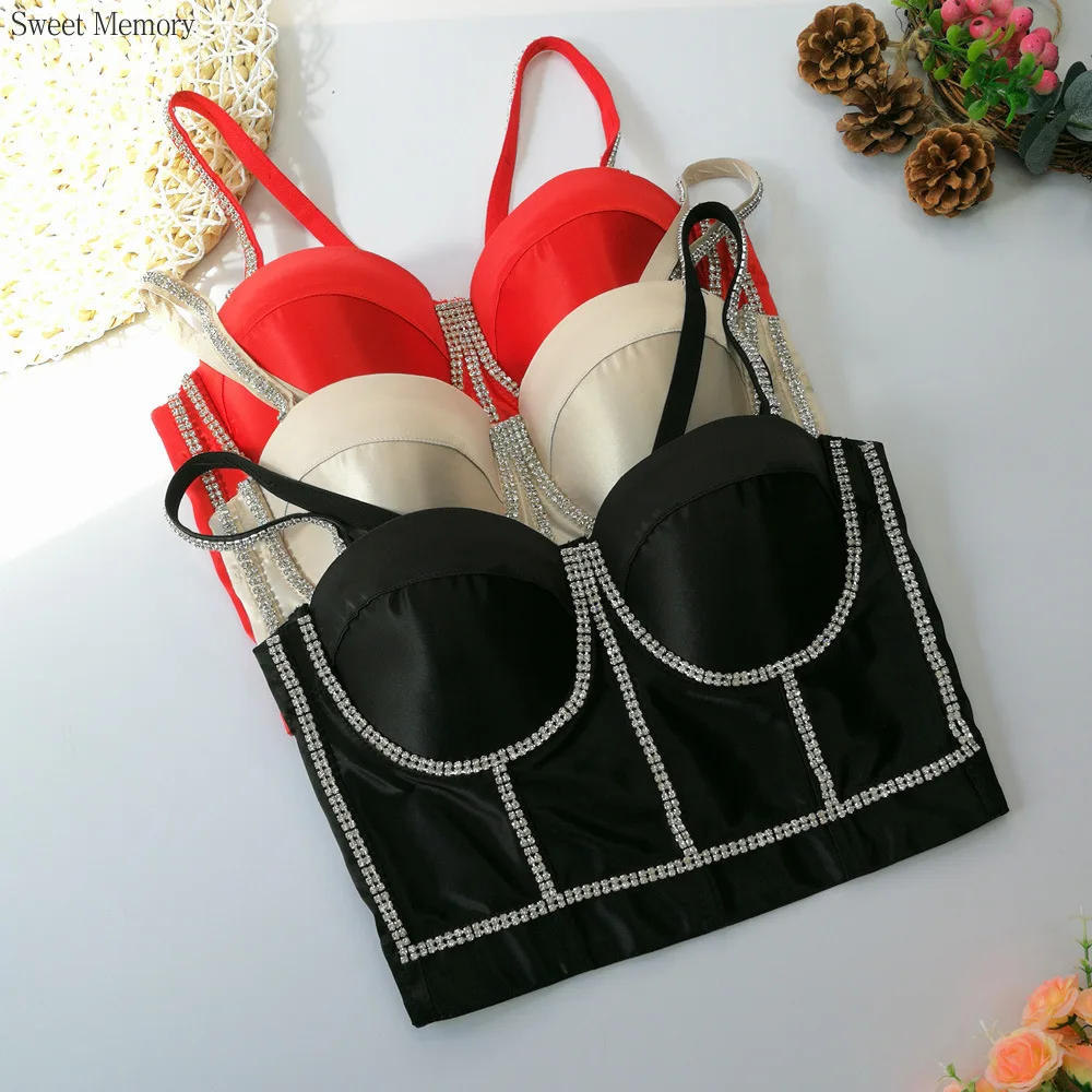 

D1268 Прямая поставка нижнего белья, атласные топы на бретелях, женский бюстгальтер-корсет, топ с бриллиантами и бусинами для верхней одежды, черная, красная одежда