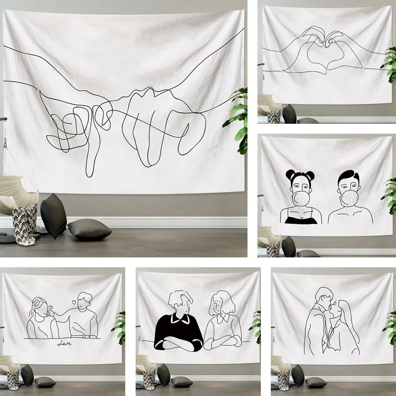 Couple Abstraction Wall Hanging Wall Tapestry Bedroom Hanging Dormitory Decoration Background Decor White Line Art Tapestry