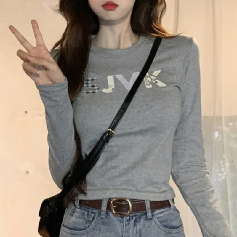 용수철 여성용 긴팔 레터 티셔츠, 올 매치 하이 스트리트 패션, 대학생 소녀 슬림 O-넥, 니치 캐주얼 영, 가을