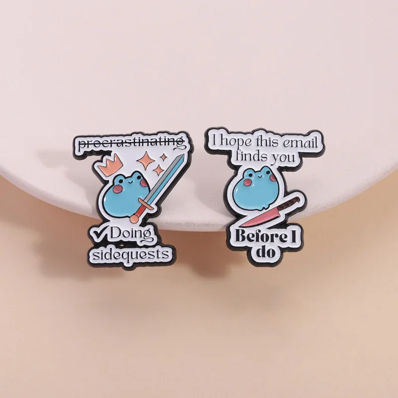 Cartoon Cuddly Frog Brooch with Sword Star Elements Envelope Shape Cute Pin Funny Slogan Badge