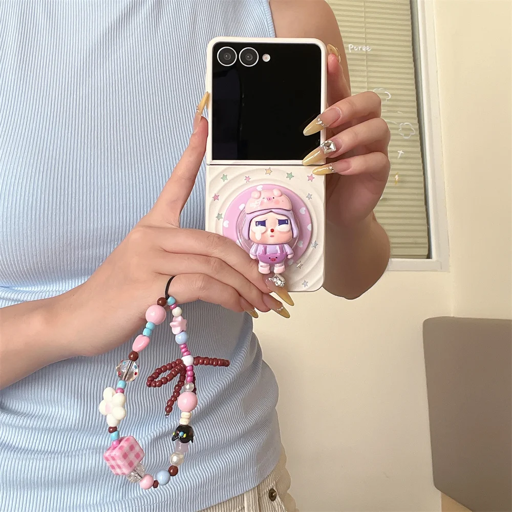 

Suitable for Samsung Galaxy Z Flip7 Flip6 Flipp5 4 3 5G fashionable cute crying girl phone case, with bracelet, anti fall protec