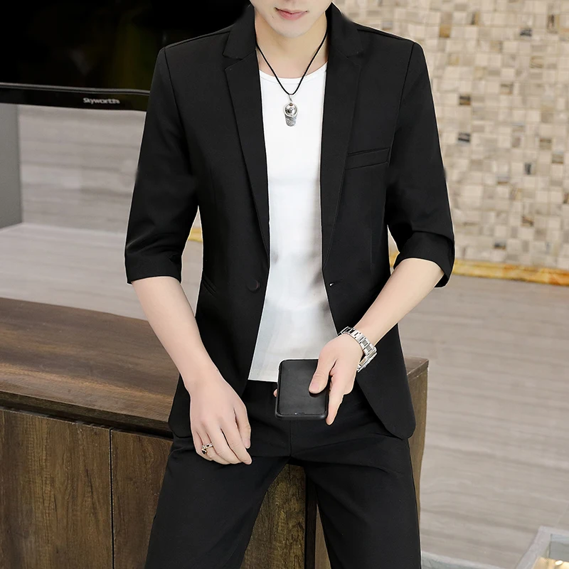 

Мужской костюм Slim Fit: тонкий летний пиджак в корейском стиле, молодежный тренд, весенний вариант, с коротким рукавом